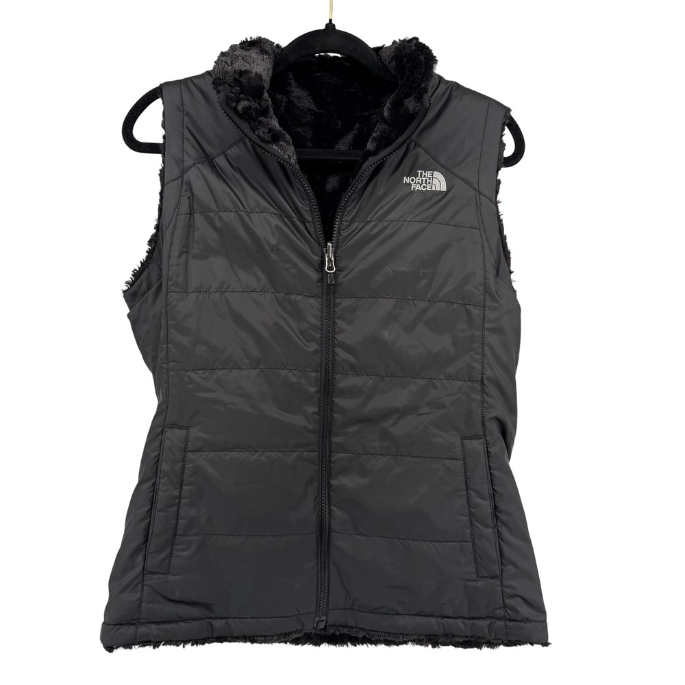 The North Face Mossbud Swirl Reversible Vest Black Quilted Fleece Womens Cozy S